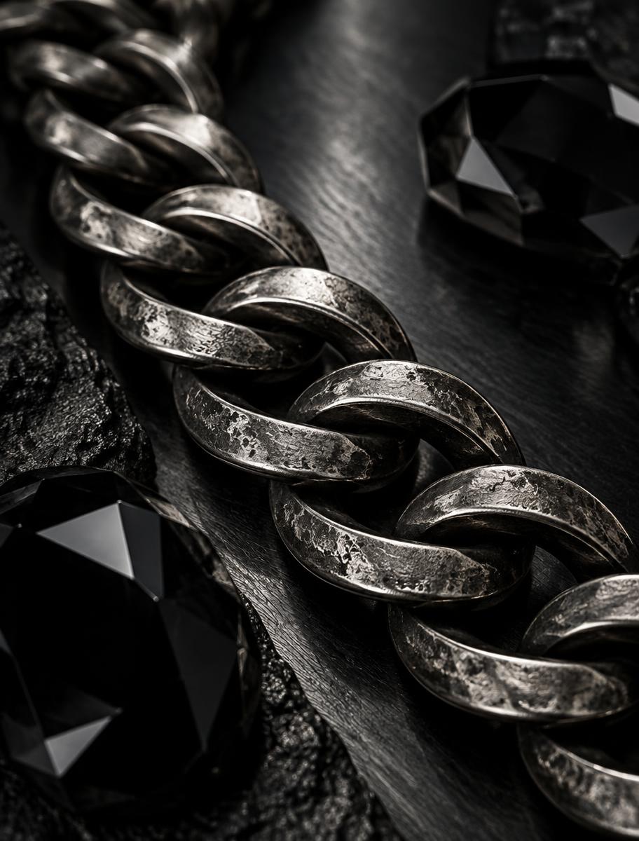 Macro detail of oxidized silver links